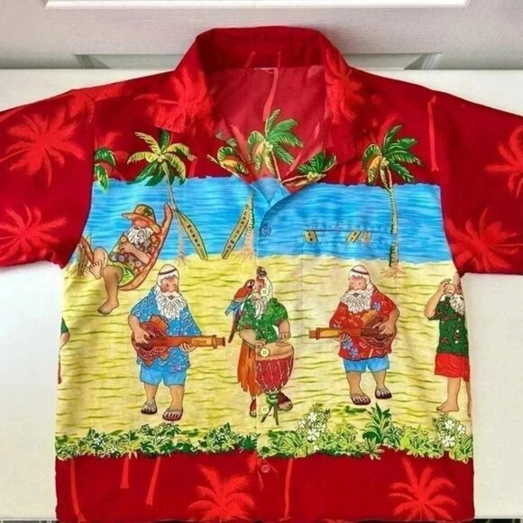 Rima Mens Hawaiian Santa Shirt Short Sleeve Button Front Red Blue Yellow Medium - Picture 13 of 13